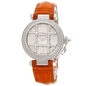Cartier Pasha 32mm Grid Diamond Watch WJ105741, 18K White Gold, Alligator Leather, Diamonds, Women's