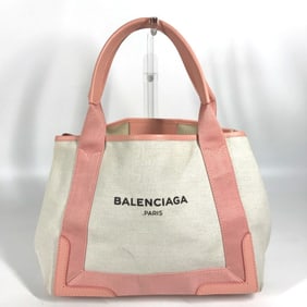 BALENCIAGA 339933 Navy Cabas S Handbag Tote Bag in Canvas/Leather, Natural/Light Pink