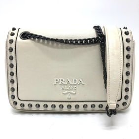 PRADA 1BD147 Logo Stud Chain Shoulder Bag, 2-Way, Leather, Women's, White