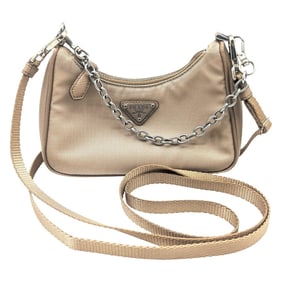 PRADA Prada Mini Nylon Shoulder Bag in Beige with Triangle Chain Pouch for Women