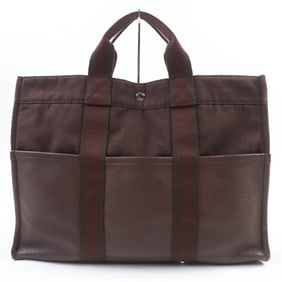 HERMES Four Tou MM Silver Hardware Serie Button Half Leather Canvas Tote Bag Brown Made in France