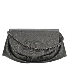 Chanel Half Moon Chain Wallet Shoulder Bag in Metallic Soft Caviar Leather with Silver Coco Mark,