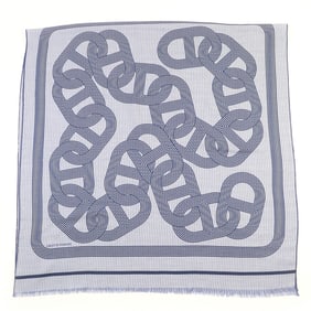 HERMES CIRCUIT 24 FAUBOURG, a large cashmere and silk shawl with fringe logo detailing. Navy blue.