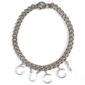 GUCCI 675769 Script Logo Choker with Interlocking G Necklace, Silver, Made in Italy, Women's