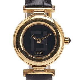 Fendi FF logo strap (non-original) watch, 320L quartz movement, black dial, plated leather, women's,