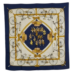 Hermes Hermès Carré 90 LES BECANES Bicycle Scarf, White, Navy, Multicolor, Silk, Women's
