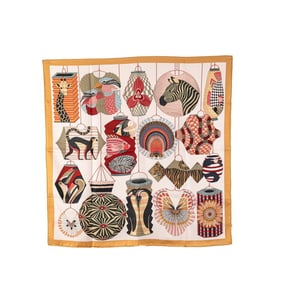 Hermes Hermès Carré 90 Lantern Ballons & Cocardes Scarf, Beige Multicolor Silk, Women's