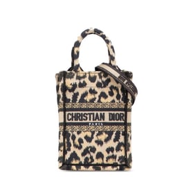 Christian Dior Dior Book Tote Mini Leopard Print Phone Bag Shoulder Beige Black Canvas Women's