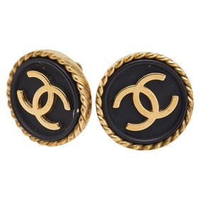 Vintage Chanel Coco Mark Round Earrings in Gold and Black Plated Plastic for Women