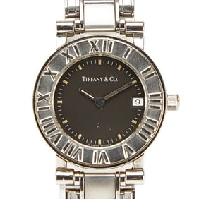 Tiffany & Co. Vintage Atlas Watch, Old Model, Quartz Movement, Black Dial, Stainless Steel, Women's