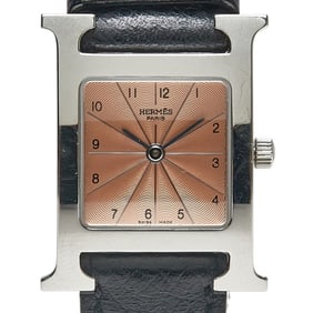Hermès H Watch, Guilloched, HH1.210, Quartz Movement, Pink Dial, Stainless Steel, Women's, HERMES