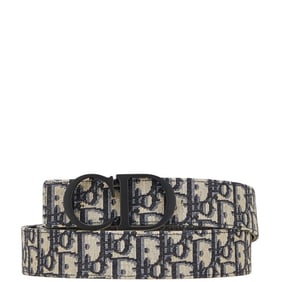 Christian Dior Dior Trotter Belt Navy Black Canvas Leather Women's