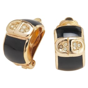 Christian Dior Dior CD logo rhinestone earrings, gold and black plated, women's.