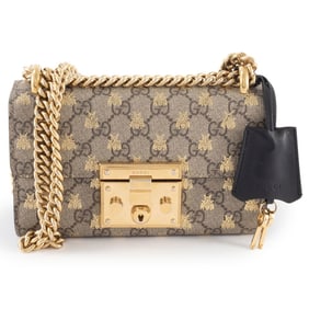 Gucci Bee GG Supreme Leather Padlock Chain Shoulder Bag, Beige, Small, 409487