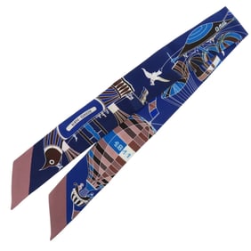 Hermès Twilly "Madness of the Sky" Silk Marine Marron Glacé White Multicolor Scarf Muffler 0212