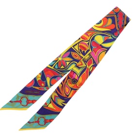 Hermès Twilly Folklor Silk Scarf Muffler in Orange, Navy, and Turquoise Blue 0186 HERMES