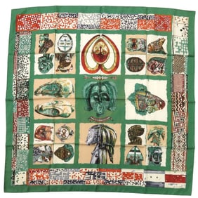 Hermes Hermès Carré 90 Persona Silk Scarf Muffler in Green, Orange, and Red (0105)