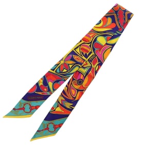 Hermès Twilly Folklor Silk Scarf Muffler in Orange, Navy, and Turquoise Blue 0202 HERMES