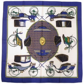 Hermès Carré 90 "Les Voitures a Transformation" Folding Covered Wagon Silk Blue Scarf Muffler 0121
