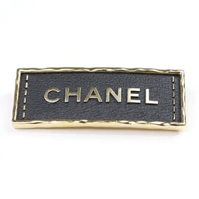 CHANEL Brooch Metal Leather Gold Black Tag A23S