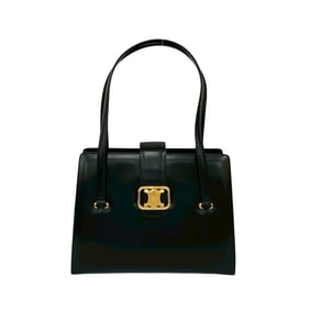 CELINE Triomphe Logo Calf Leather Tote Bag, Semi-Shoulder Handbag, Black 41031