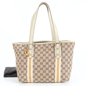 Gucci GG Canvas Leather Tote Bag with Charm, Shoulder Bag, Handbag, 137396, Gold Hardware, Women's