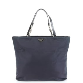 Prada Tessuto Nylon Triangle Logo Leather Tote Bag Shoulder Handbag Navy Women's