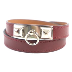 HERMES Collier de Chien Leather Double-Strand Bracelet in Red Brown, Size S, with Silver Hardware, O