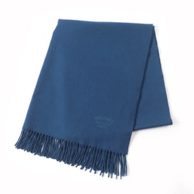 HERMES 100% Cashmere Stole/Shawl/Scarf with Embroidered Logo and Fringe, Blue, Women's