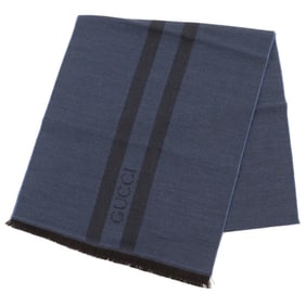GUCCI 100% Wool Herringbone Pattern Shawl with Embroidered Logo and Fringe, Blue Brown, 40 x 190cm,