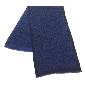 HERMES Cashmere and Silk Blend H Logo All-Over Print Mini Fringe Stole/Scarf/Shawl in Navy Black,