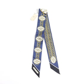 HERMES Twilly Lift Profile 100% Silk Scarf in Marine Noir Gold, Made France, with Box, for Women