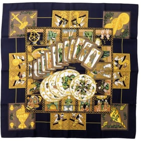 Hermes Hermès Carré 90 LE TAROT Tarot Silk Scarf Muffler in Black, Gold, and Cream (0111)
