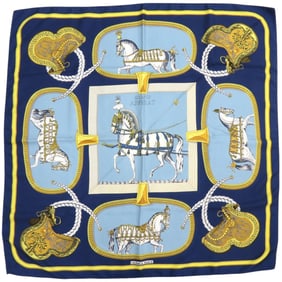 Hermès Carré 90 Grand Apparel, Horse in Full Dress, Silk Scarf/Muffler Navy, Light Blue, Gold, and