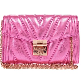 Like new MCM calfskin metallic pink shoulder bag with gold hardware and chain closure, model 0568