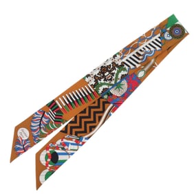 Like new Hermès Twilly "De l'Ombrelle aux Duels" silk camel veil blue scarf/muffler 0185 HERMES