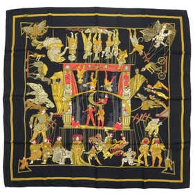 Hermes Hermès Carré 90 "Le Temps des Marionnettes" Silk Scarf Muffler in Black, Gold, and Red