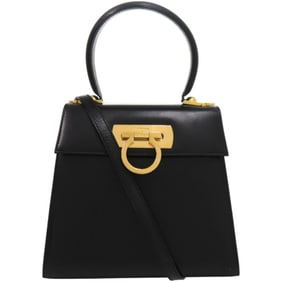 Salvatore Ferragamo Gancini Leather Handbag in Black with Gold Hardware, O212193, Black, 0277
