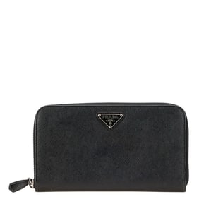 Prada Triangle Logo Plate Long Wallet Round Zipper Black Leather Women's PRADA