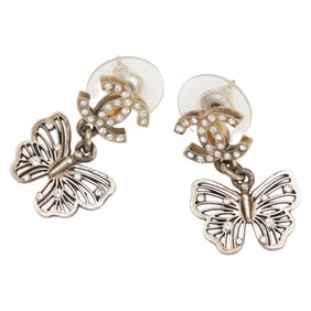 CHANEL Coco Mark Butterfly Swing Stud Earrings, Gold Plated with Rhinestones, Women's