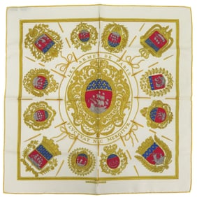 Hermès Carré 45 Petit Paris Coat of Arms LES ARMES DE PARIS Silk Cream Gold Red Scarf Muffler 0155