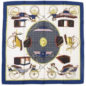Hermès Carré 90 "Les Voitures a Transformation" Folding Covered Wagon Silk Blue Scarf Muffler 0117