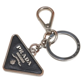 Prada Triangle Logo Plate Key Ring Keychain Silver Black Metal Leather Men's PRADA