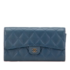 CHANEL Matelasse Coco Mark Long Wallet Blue Caviar Leather Women's