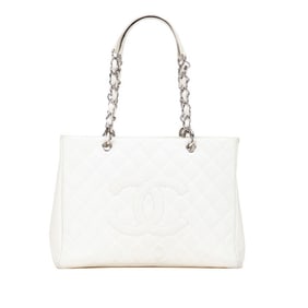 CHANEL Matelasse Coco Mark Chain Tote Bag Shoulder White Caviar Skin Women's