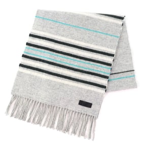 HERMES Neo Rocabar 100% Cashmere Gris Chine Leather Logo Patch Fringe Scarf/Shawl with Box, Made in