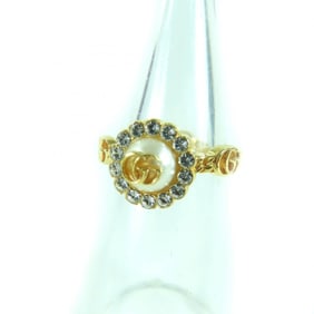 GUCCI 702585 Double G Rhinestone F Pearl Flower Ring, Gold, XS, with Box, Made in Italy, Women's
