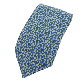 HERMES 5089 PA 100% Silk All-Over Logo Print Tie, Blue and Green, Multicolor, Made in France, Men's