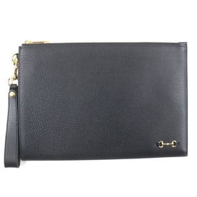 GUCCI 700524 Horsebit Leather Clutch Bag with Strap, Black Gold Hardware, Dust Bag, Made in Italy,