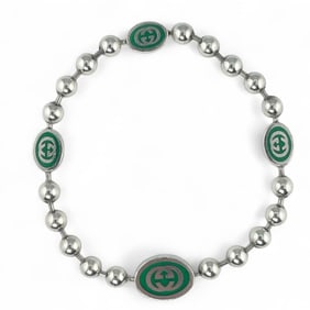 GUCCI Interlocking G Ball Chain Bracelet, AG925 Silver, Size 17, Made in Italy, Women's